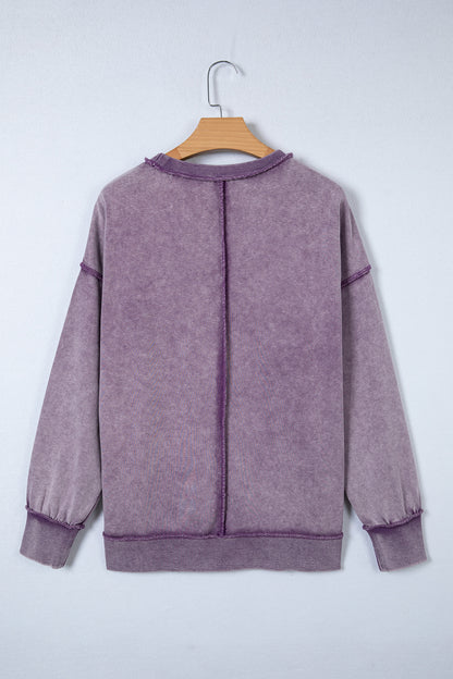 Mineral Wash Exposed Seam Sweatshirt Side Slit Casual Pullover