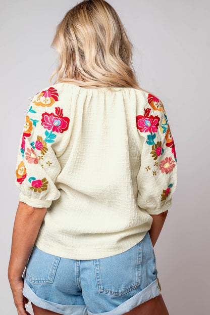 Floral Embroidered Ricrac Puff Sleeve Textured Blouse