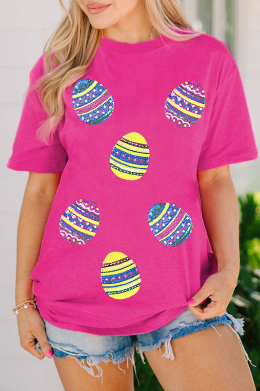 Rose Red Sequin Easter Egg Graphic Crew Neck Tee
