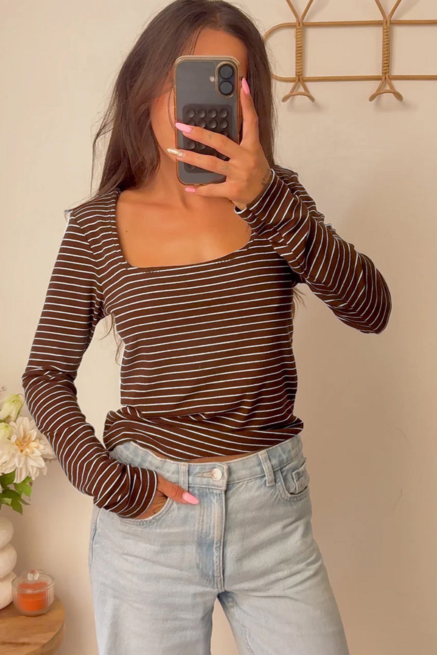 Striped Square Neck Long Sleeve Stretch Knit Top for Women