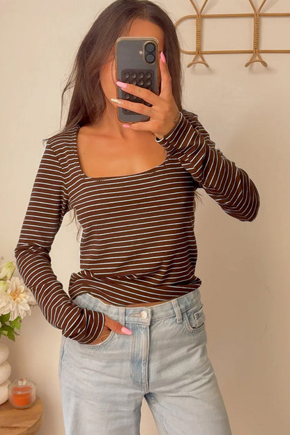 Striped Square Neck Long Sleeve Stretch Knit Top for Women