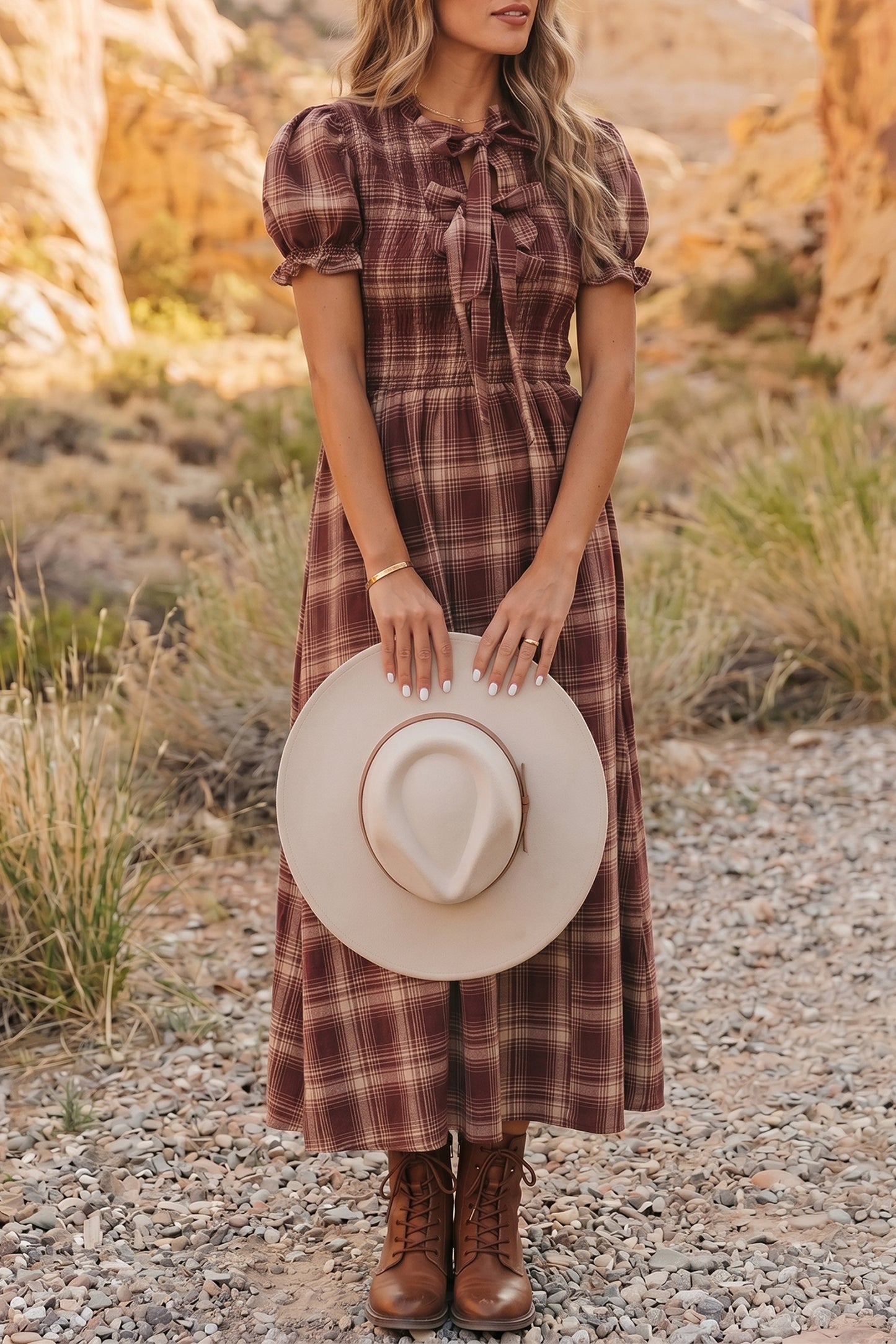 Western Plaid Puff Sleeve Midi Dress Tie Front