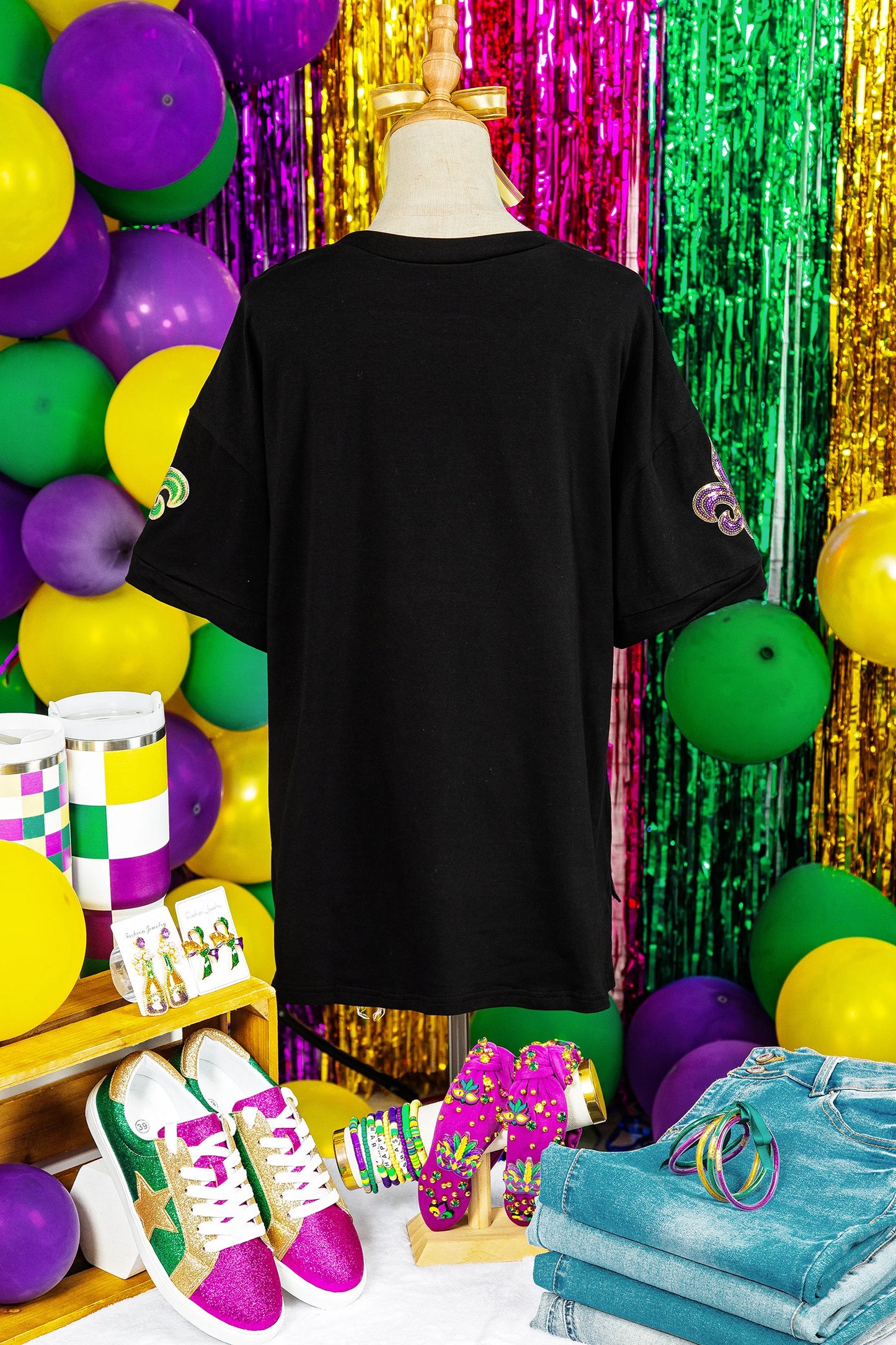Black Oversized Sequin Fleur De Lis Mardi Gras Tee