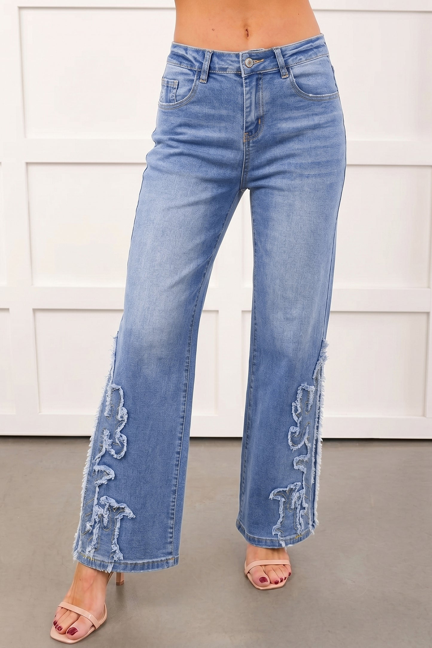 Western Embroidered Flare Jeans Frayed Hem Bootcut Denim
