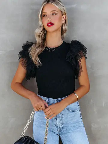 White Polka Dot Mesh Ruffle Sleeve Ribbed Knit Top