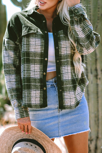 Blackish Green Snap Button Plaid Shacket with Corduroy Patchwork