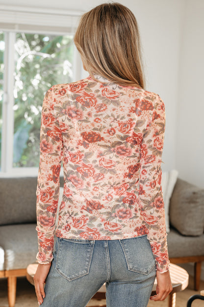 Vintage Floral Mesh Long Sleeve Mock Neck Slim Fit Top