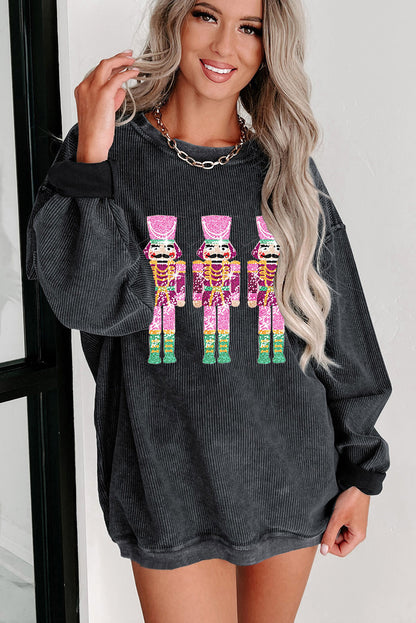 Black Sequin Christmas Corded Oversized Sweatshirt