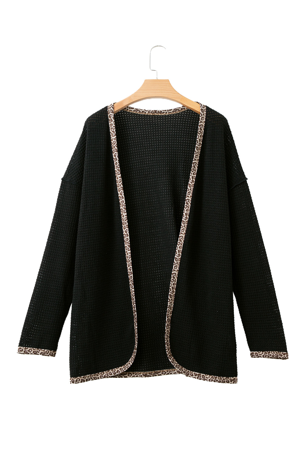 Black Leopard Contrast Waffle Knit Open Front Cardigan