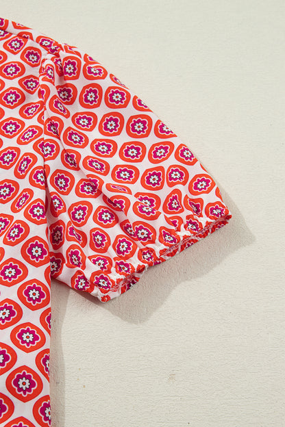 Orange Geometric Print Button Front Ruffle Hem Mini Dress