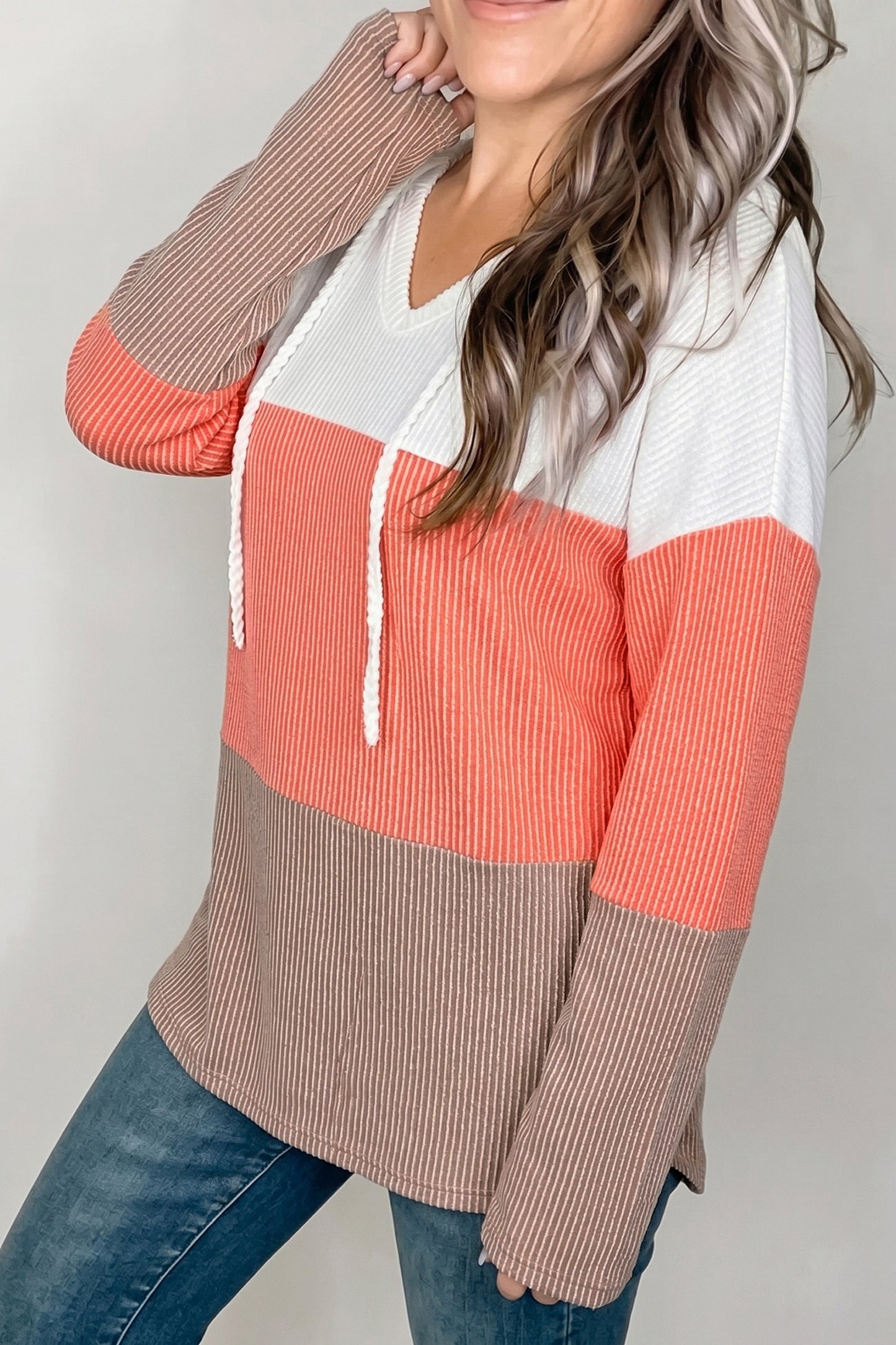 Gold Flame Ribbed Color Block Hooded Long Sleeve Casual Top