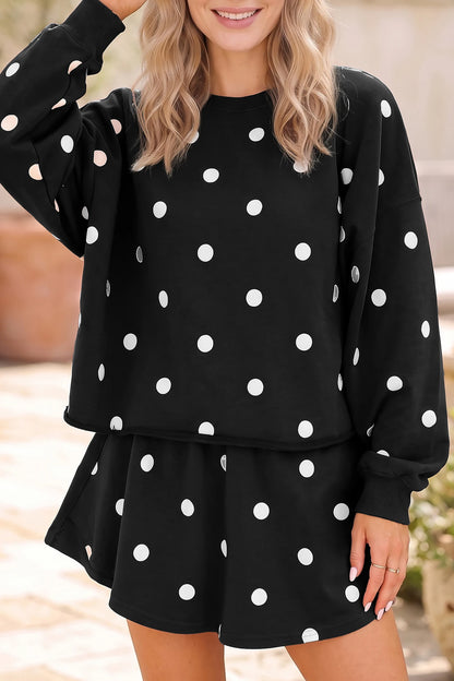 Brown Polka Dot Sweatshirt Skort Two Piece Set
