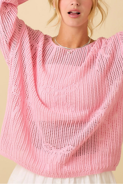 Lightweight Crochet Knit Boat Neck Sweater Top Pink