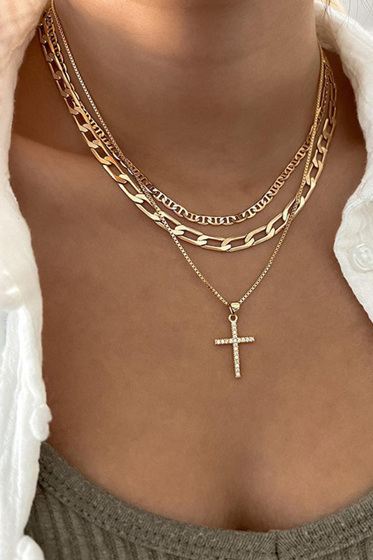 Gold Layered Chain Cross Pendant Necklace Set