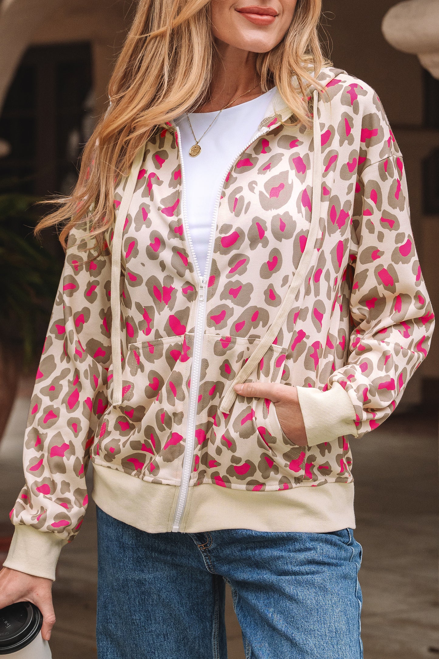 Rose Leopard Print Zip Up Hoodie with Pockets