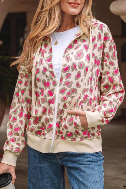 Rose Leopard Print Zip Up Hoodie with Pockets