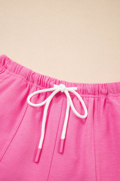 Pink V Neck Lounge Set Drawstring Shorts 2 Piece Set