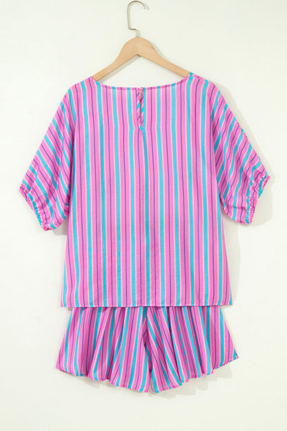 Pink Stripe Puff Sleeve Two Piece Shorts Set