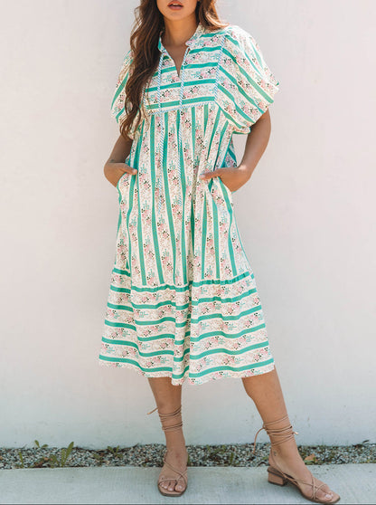 Women Striped Floral Print Puff Sleeve Midi Dress