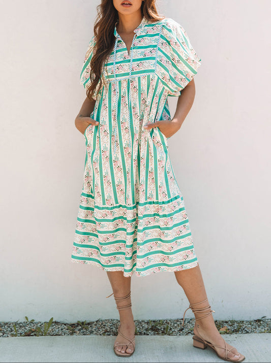 Women Striped Floral Print Puff Sleeve Midi Dress