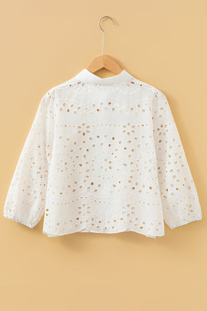 White Eyelet Embroidered Puff Sleeve Button Crop Shirt