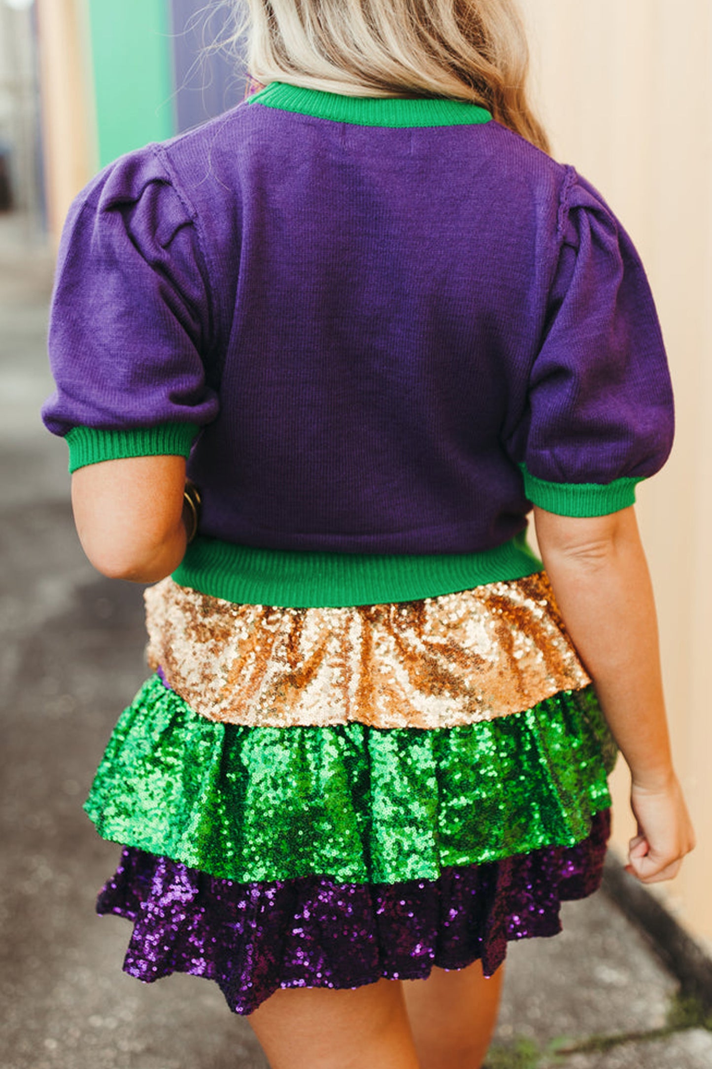 Purple Mardi Gras Tinsel Letter Short Sleeve Sweater Top