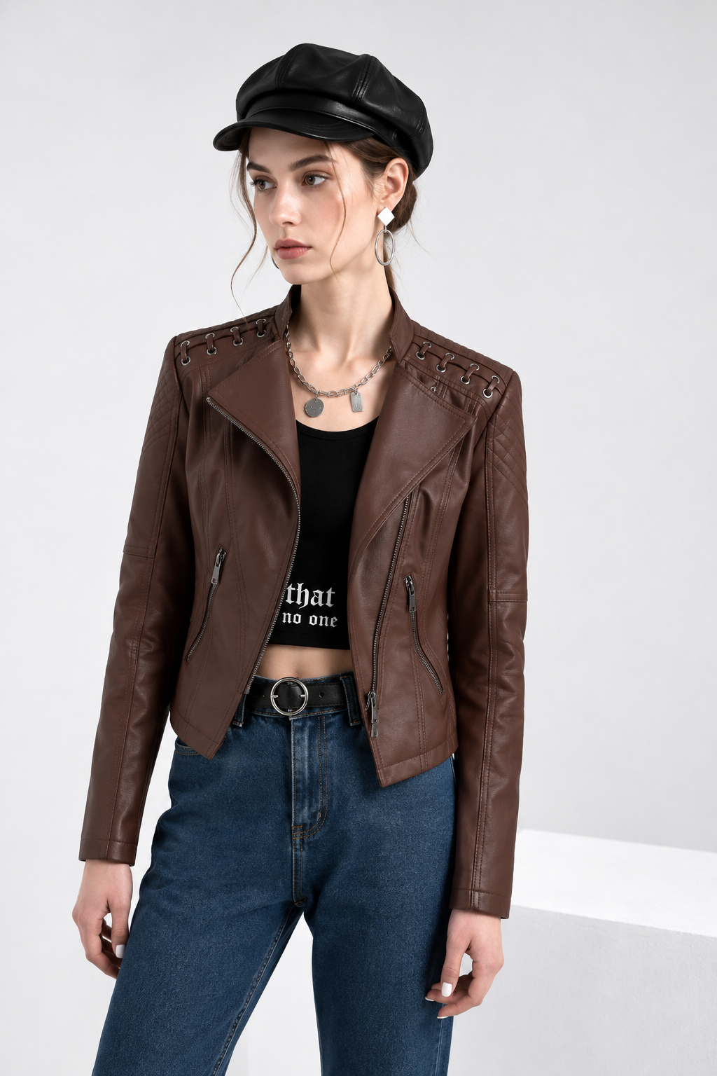 Womens Faux Leather Moto Jacket Slim Fit