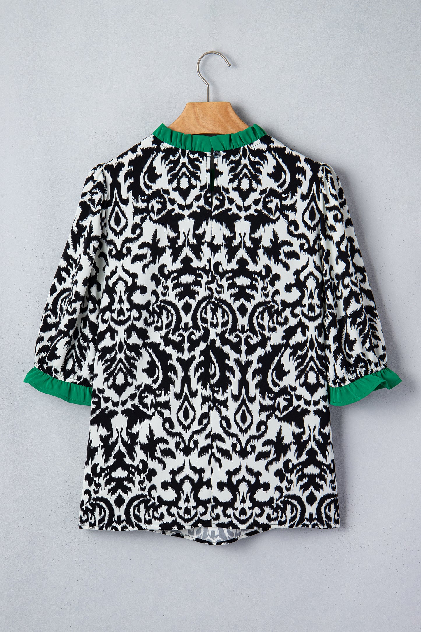 Damask Print Ruffle Trim Half Sleeve Casual Blouse