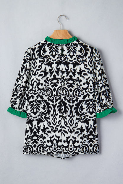 Damask Print Ruffle Trim Half Sleeve Casual Blouse