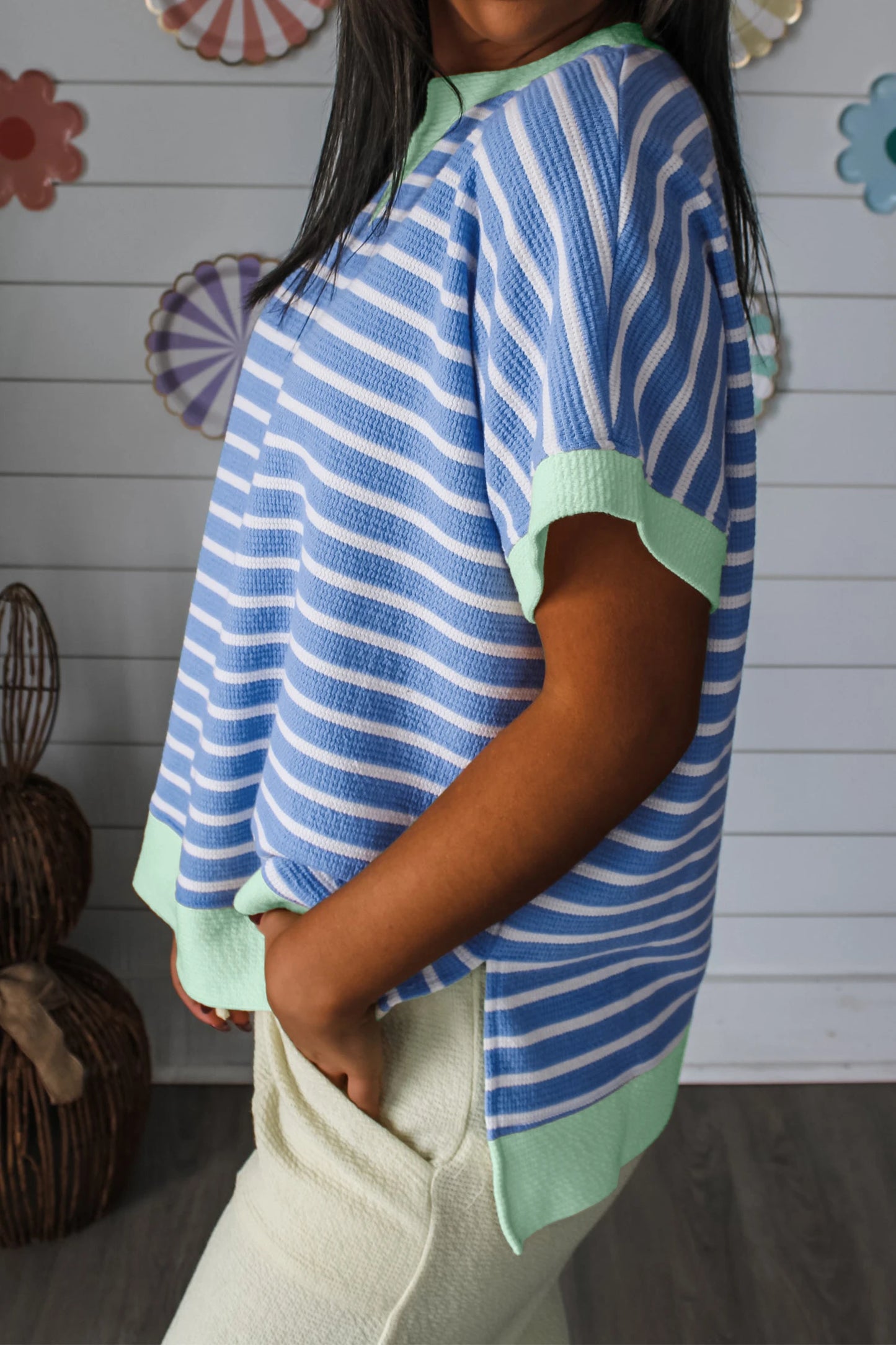 Striped Oversized T Shirt Contrast Trim Casual Top