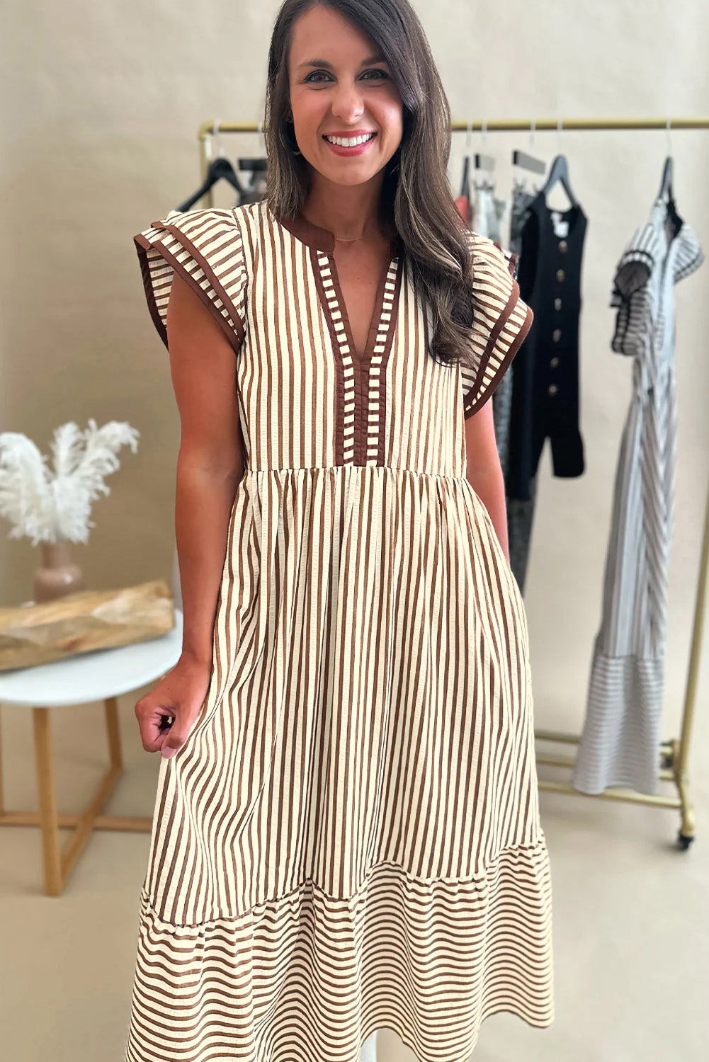 Black Stripe Ruffle Sleeve Contrast Trim V Neck Midi Dress