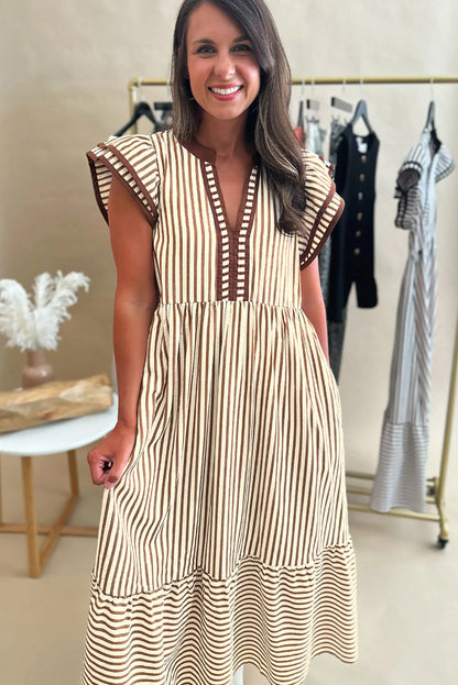 Black Stripe Ruffle Sleeve Contrast Trim V Neck Midi Dress