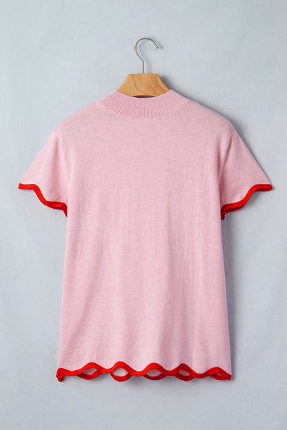 Pink Contrast Scallop Trim Mock Neck Sweater Tee