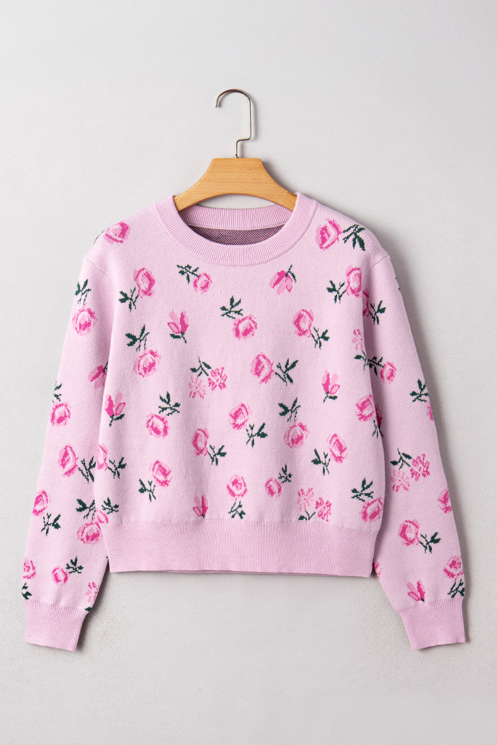 Sweet Floral Print Drop Shoulder Cropped Knit Sweater