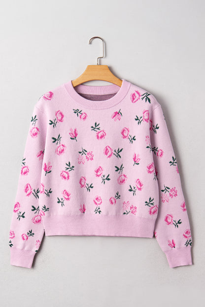 Sweet Floral Print Drop Shoulder Cropped Knit Sweater