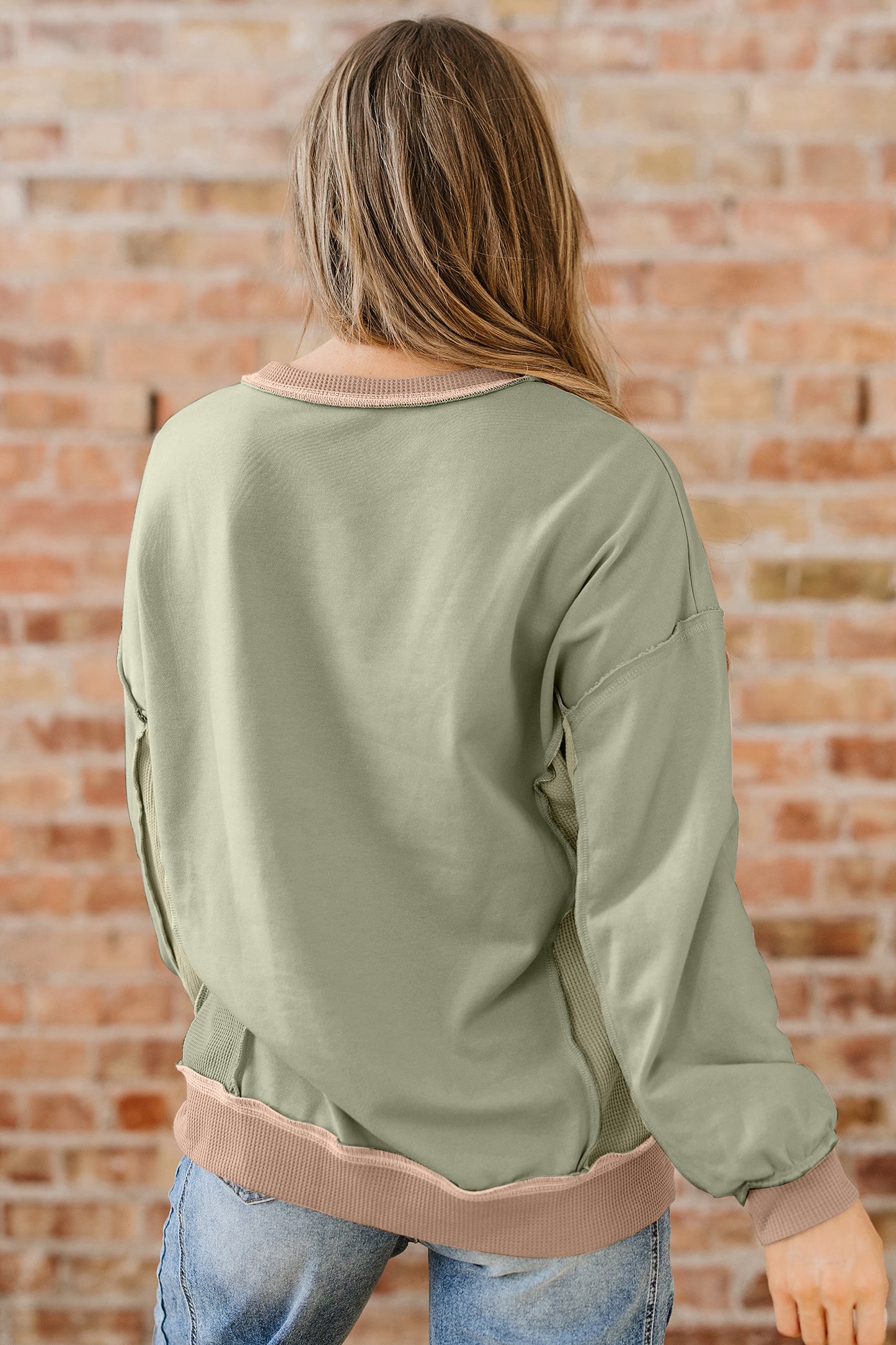 Color Block Patchwork Waffle Knit Oversized Sweatshirt