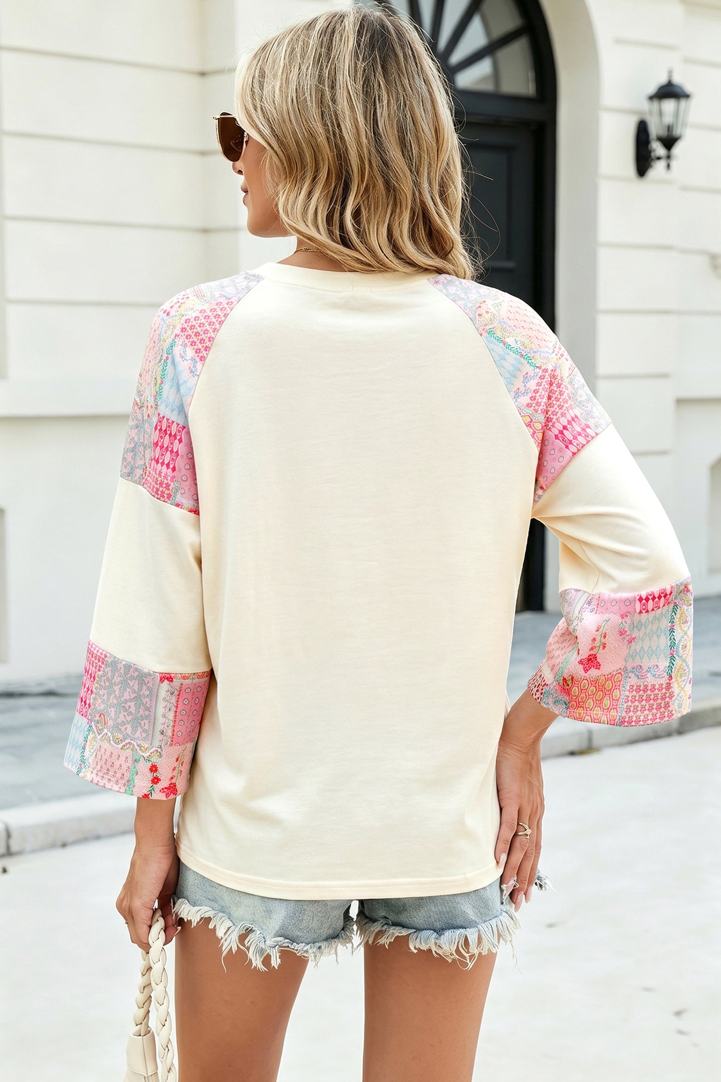 Boho Patchwork Floral Graphic Long Sleeve Top Women