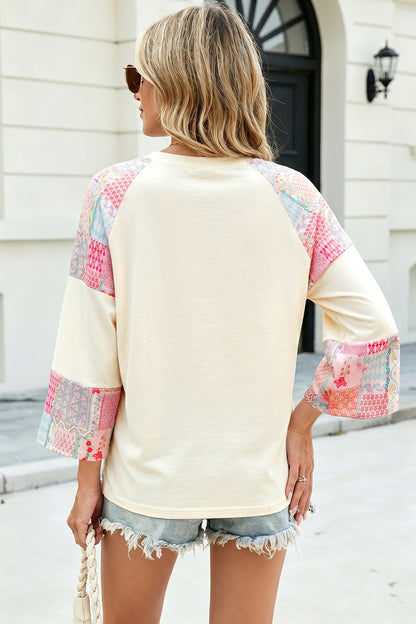 Boho Patchwork Floral Graphic Long Sleeve Top Women