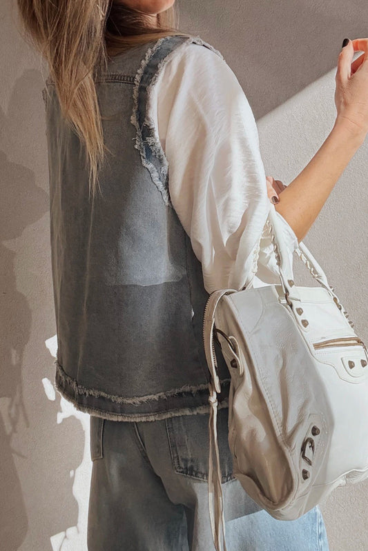 Light Wash Frayed Edge Flap Pocket Button Down Denim Vest