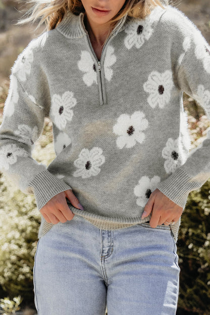 Pink Floral Pattern Half Zip Drop Shoulder Sweater