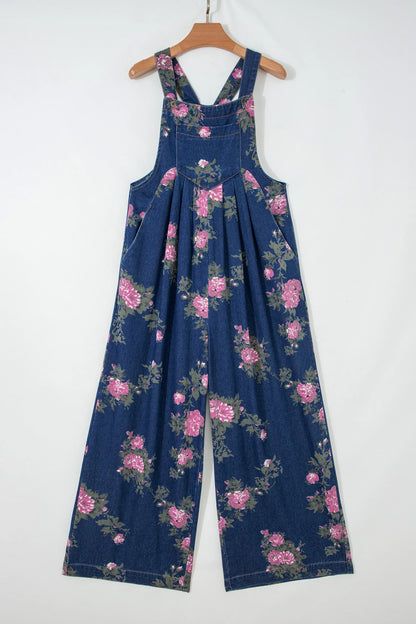 Women’s Blue Floral Wide Leg Denim Jumpsuit Adjustable Straps