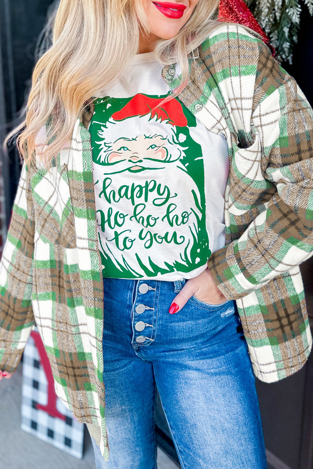 Christmas Plaid Button Down Flannel Shacket for Women