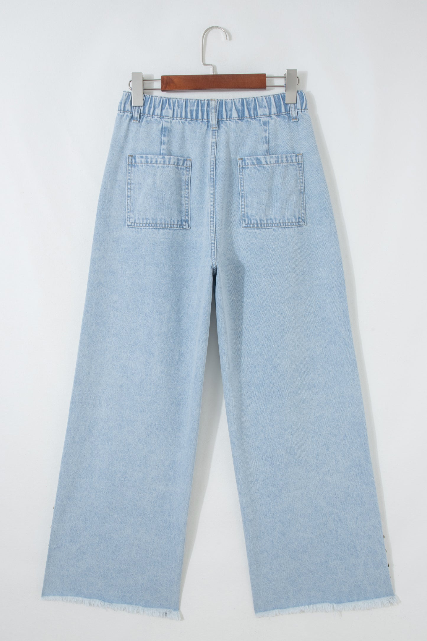 Beau Blue Studded Side Slit Wide Leg Jeans Frayed Pockets