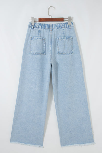 Beau Blue Studded Side Slit Wide Leg Jeans Frayed Pockets