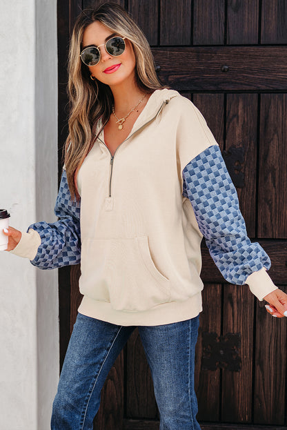 Bonbon Checkered Patchwork Half Zip Hoodie with Pocket