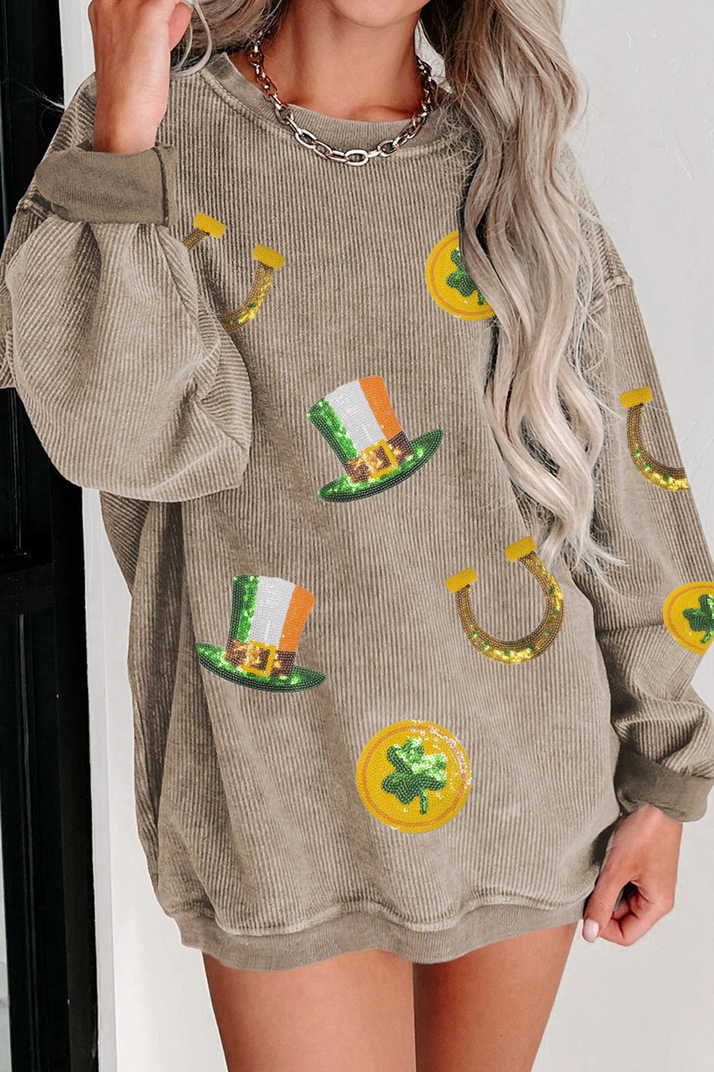 Khaki Sequin Lucky Graphic Corded Ribbed Sweatshirt