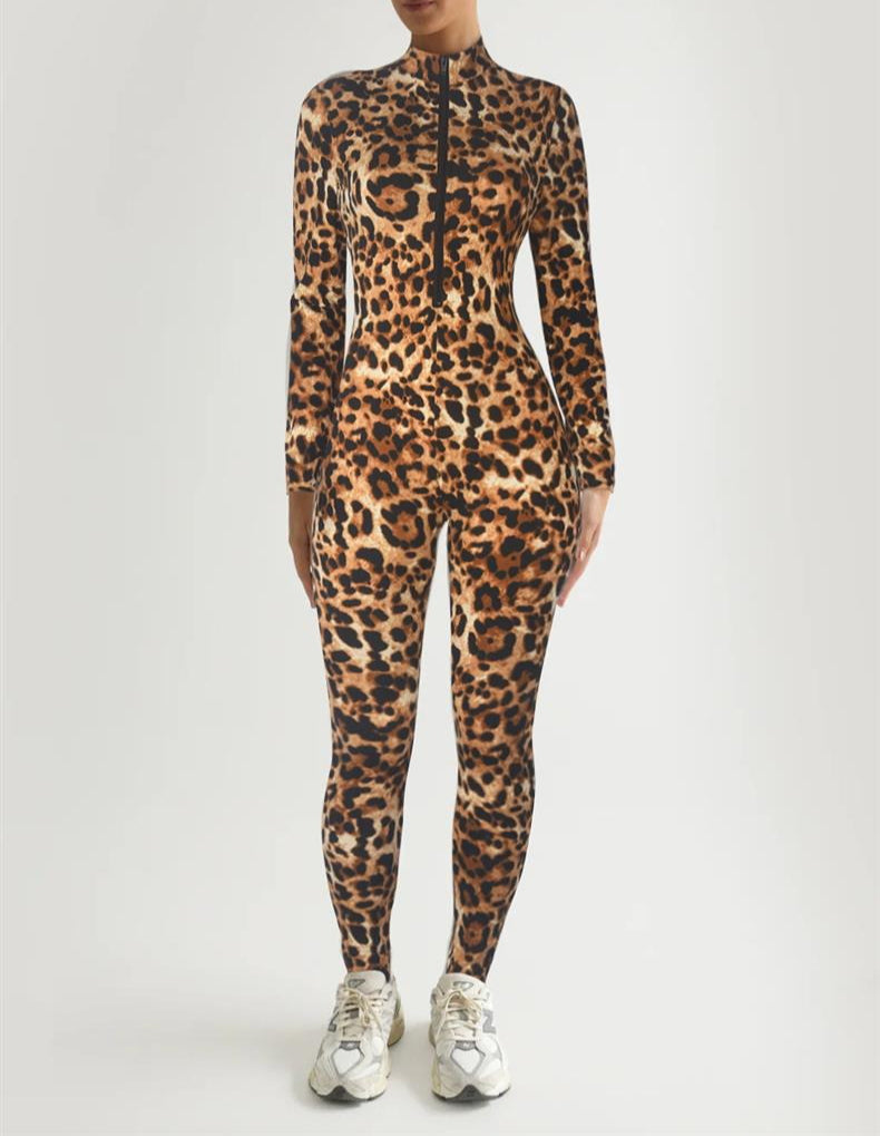 Women's Leopard Print Zip Up Long Sleeve Bodycon Jumpsuit