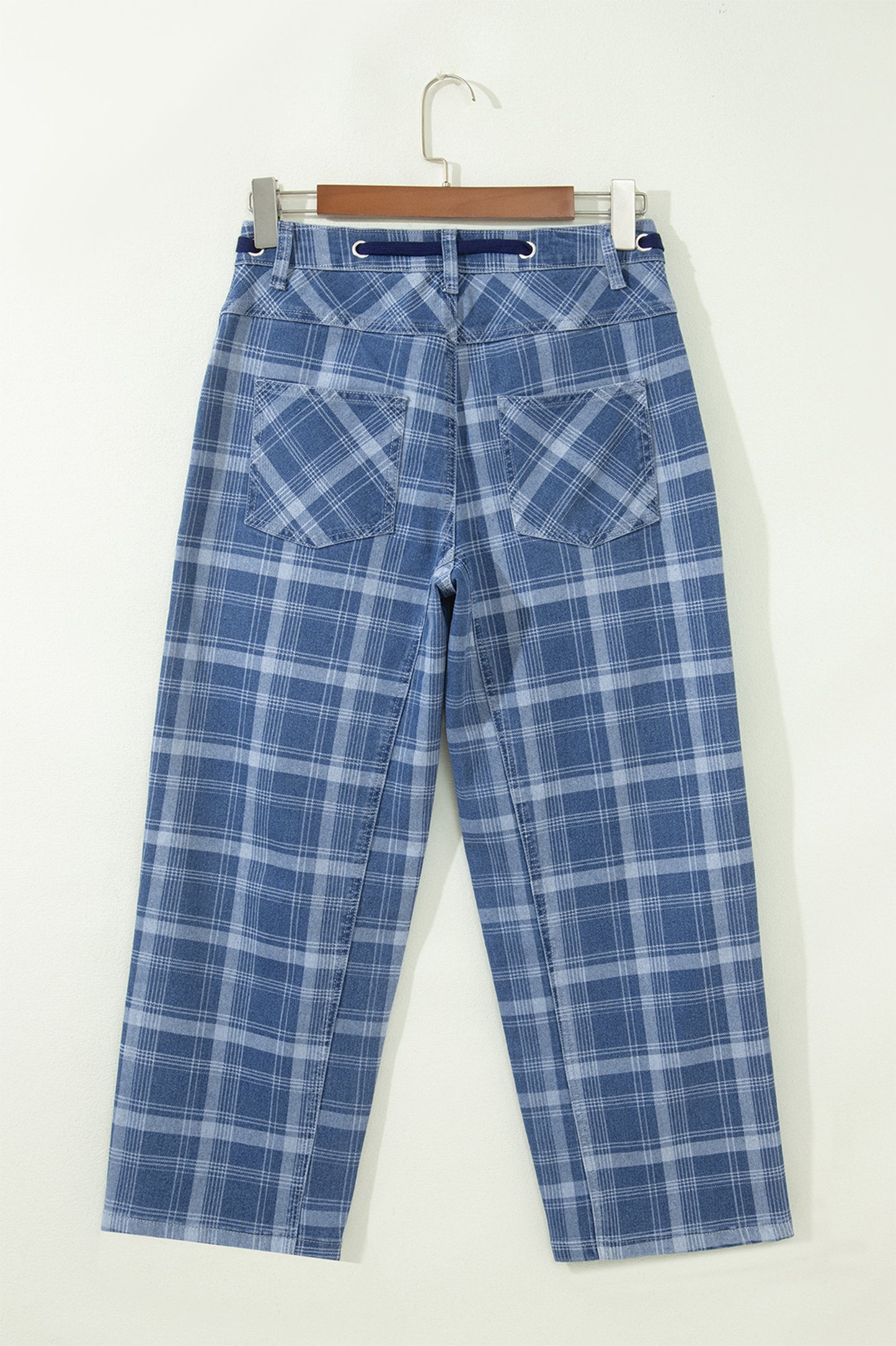 Plaid Denim Drawstring Wide Leg Utility Jeans