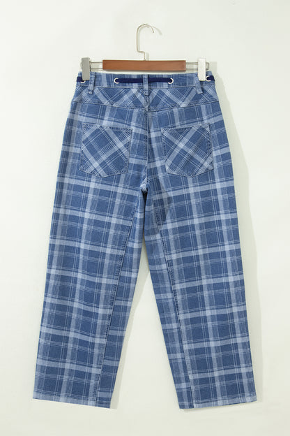 Plaid Denim Drawstring Wide Leg Utility Jeans