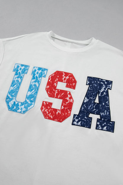 USA Lace Letter Dolman Tee Flag Day July 4th Top